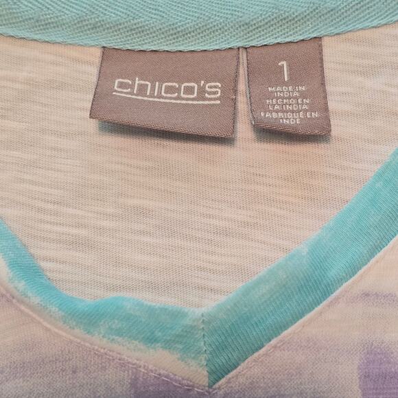 Chicos Top Womens Size Medium 1 Multicolor Stripe Short Sleeve Artsy Coastal - Picture 3 of 9